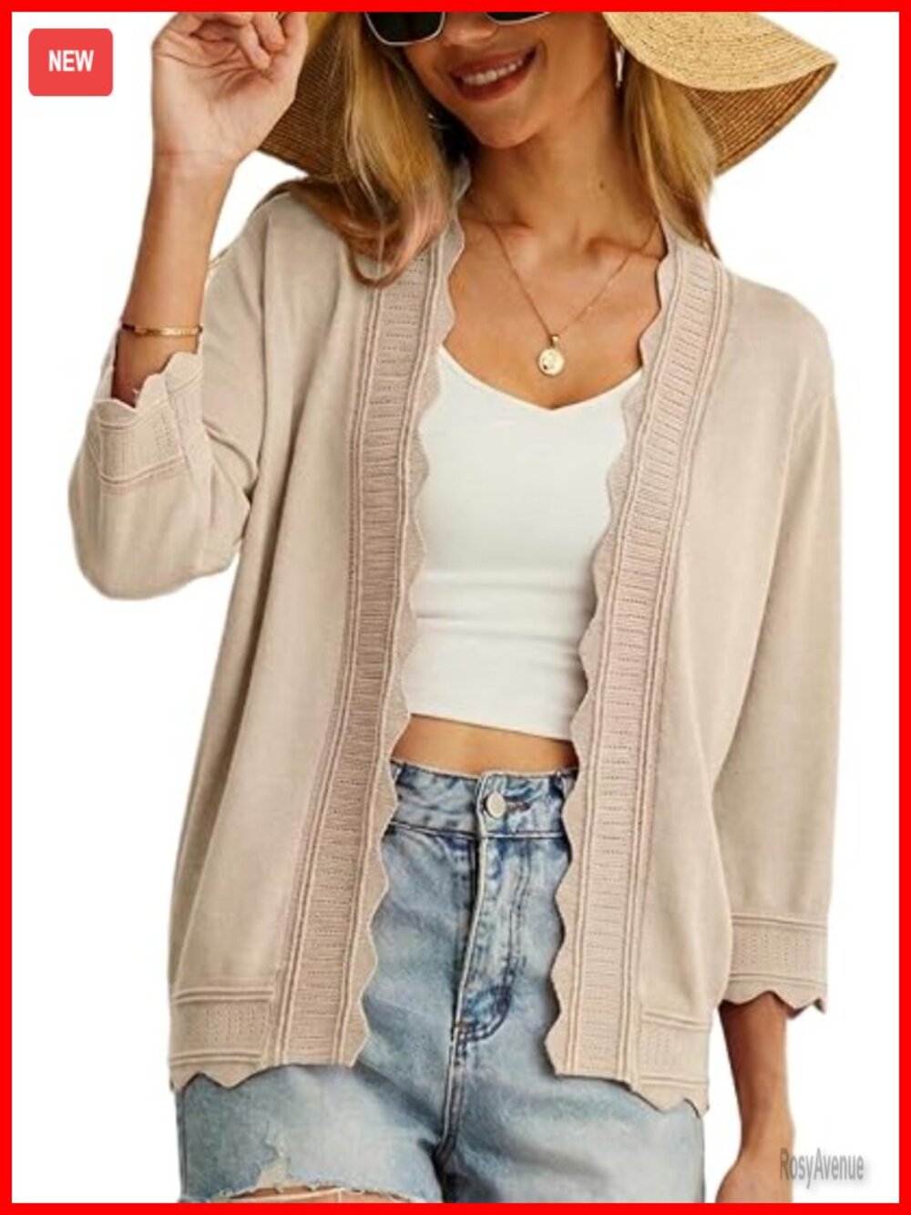 Lightweight 3/4 Sleeve Open Front Cardigan Scalloped Trim Knit Soft Cropped